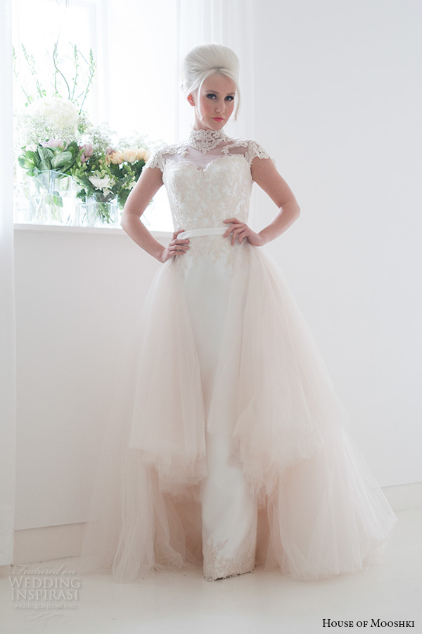 house of mooshki bridal 2015 lace cap sleeves high neck column wedding dress detachable soft champagne tulle train style jemima front