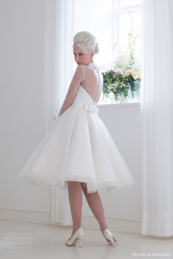 house of mooshki bridal 2015 lola short tea length satin tulle wedding dress illusion sleeves structured cuff collar back view