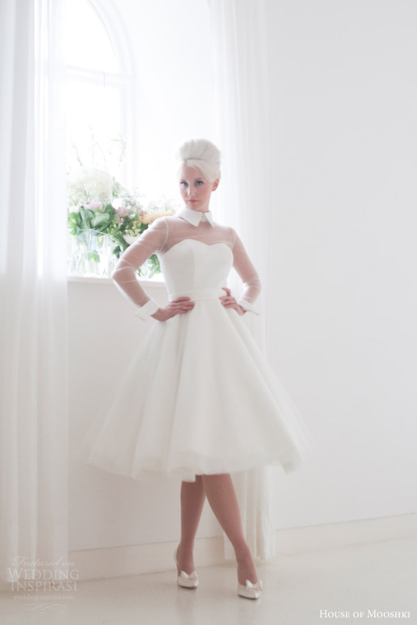 house of mooshki bridal 2015 lola short tea length satin tulle wedding dress illusion sleeves structured cuff collar