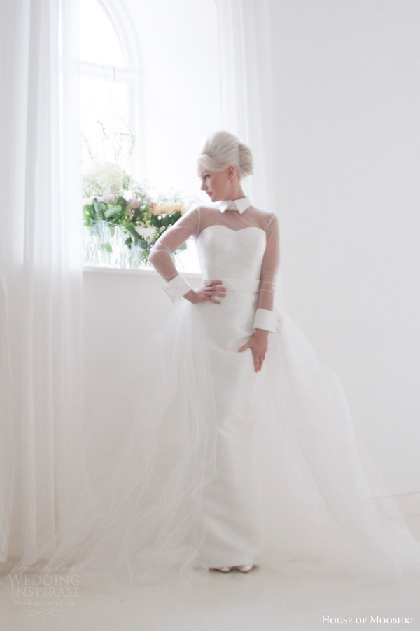 house of mooshki bridal 2015 mina column wedding dress illusion tulle sleeves structured collar cuffs detachable train