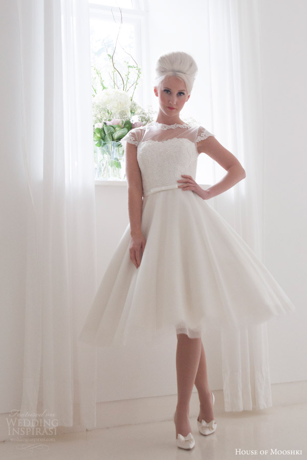 house of mooshki bridal 2015 peony illusion cap sleeve vintage inspired tea length wedding dress full satin circle skirt tulle overlay