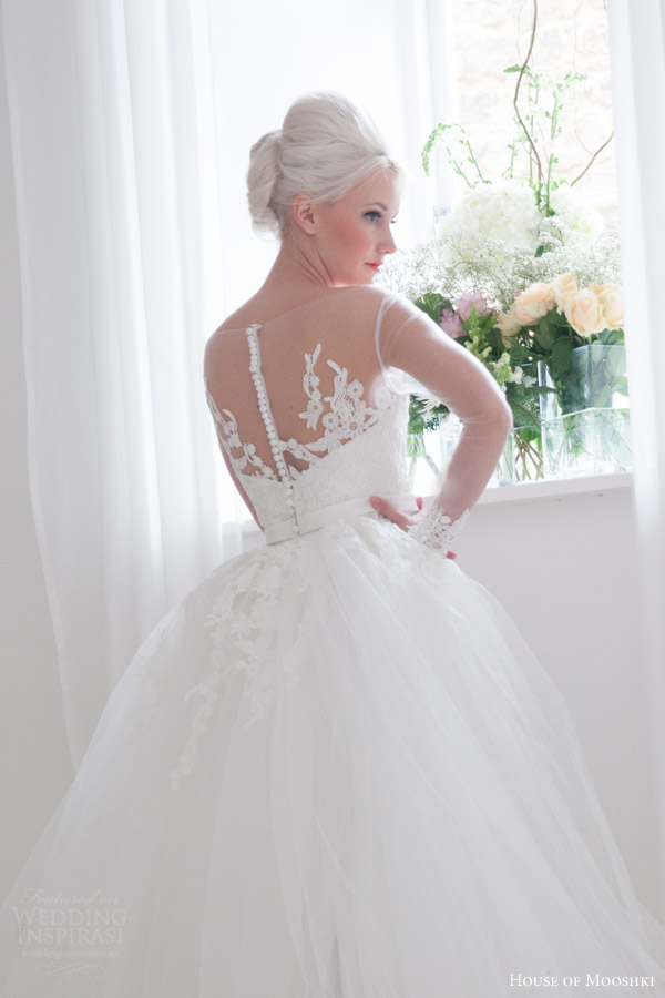 house of mooshki bridal 2015 petal  illusion neckline long sleeves satin column wedding dress guipure lace detachable tulle train back view close up