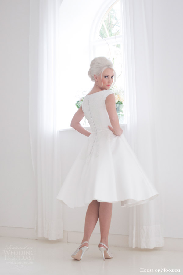 house of mooshki bridal 2015 ruby cap sleeve mikado satin tea length wedding dress back view