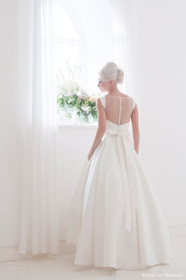 house of mooshki bridal 2015 tessa high low satin gown full ball gown skirt back view