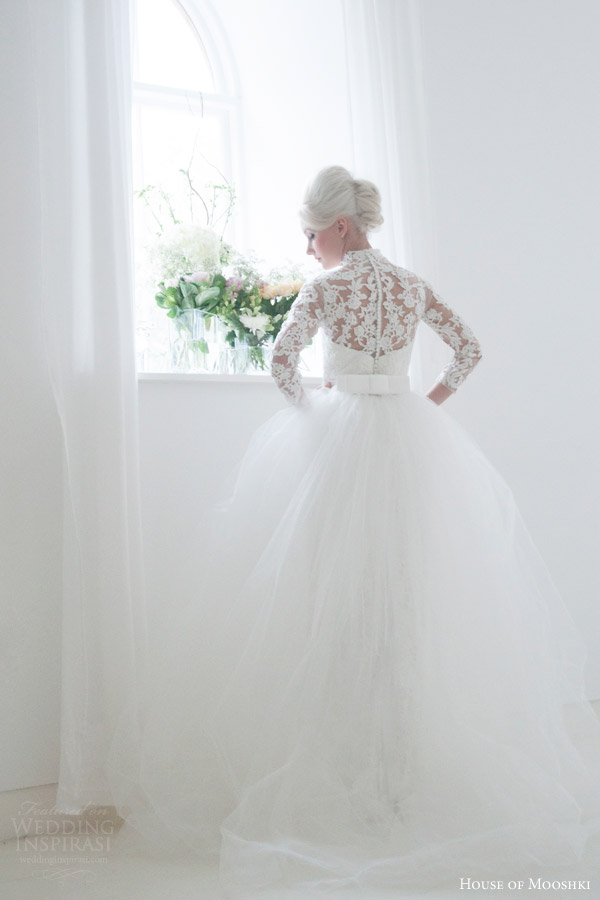 house of mooshki bridal 2016 eleanor grace kelly vintage inspired lace column wedding dress illusion tulle lace neckline sleeves overlay skirt back