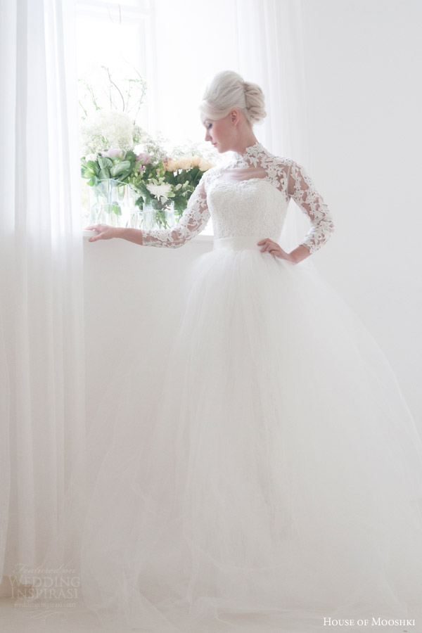 house of mooshki bridal 2016 eleanor grace kelly vintage inspired lace column wedding dress illusion tulle lace neckline sleeves overlay skirt