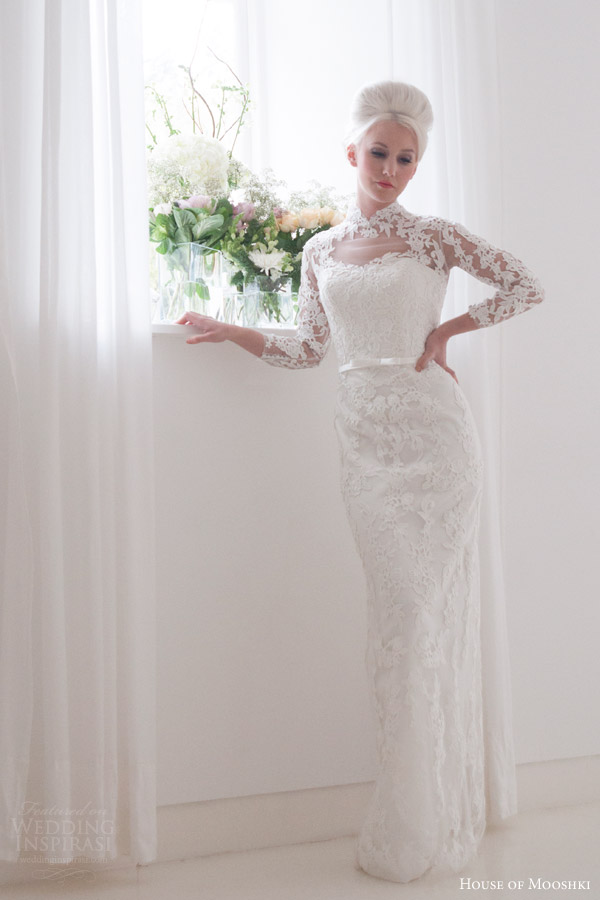 house of mooshki bridal 2016 eleanor grace kelly vintage inspired lace column wedding dress illusion tulle lace neckline sleeves