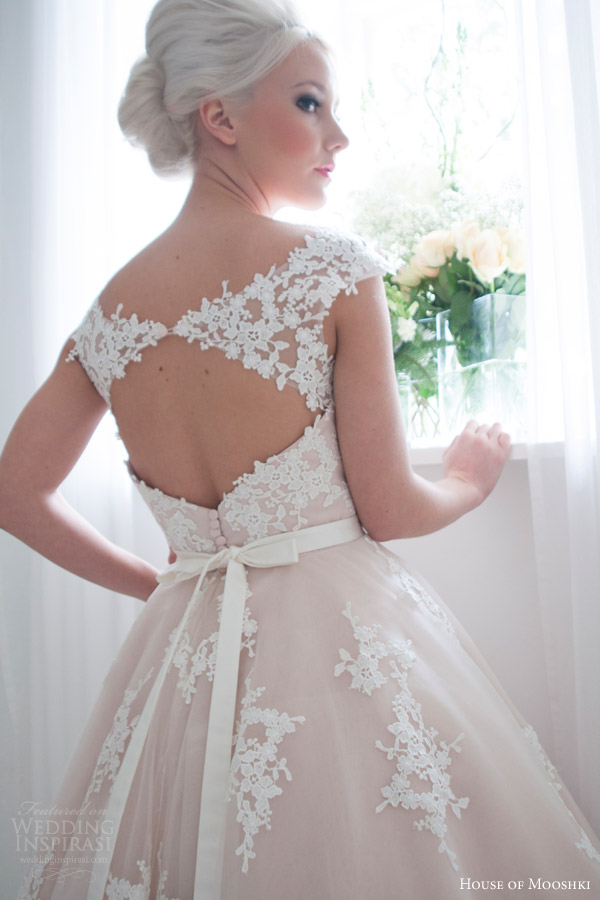 house of mooshki bridal 2016 leonora blush cap sleeve tea length wedding dress guipure lace tulle keyhole back close up