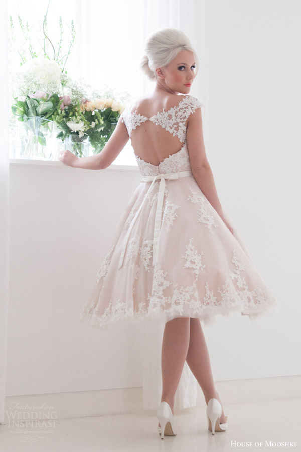 house of mooshki bridal 2016 leonora blush cap sleeve tea length wedding dress guipure lace tulle keyhole back