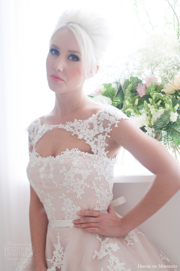 house of mooshki bridal 2016 leonora blush cap sleeve tea length wedding dress guipure lace tulle keyhole front close up house of mooshki bridal 2016 leonora blush cap sleeve tea length wedding dress guipure lace tulle keyhole front close up