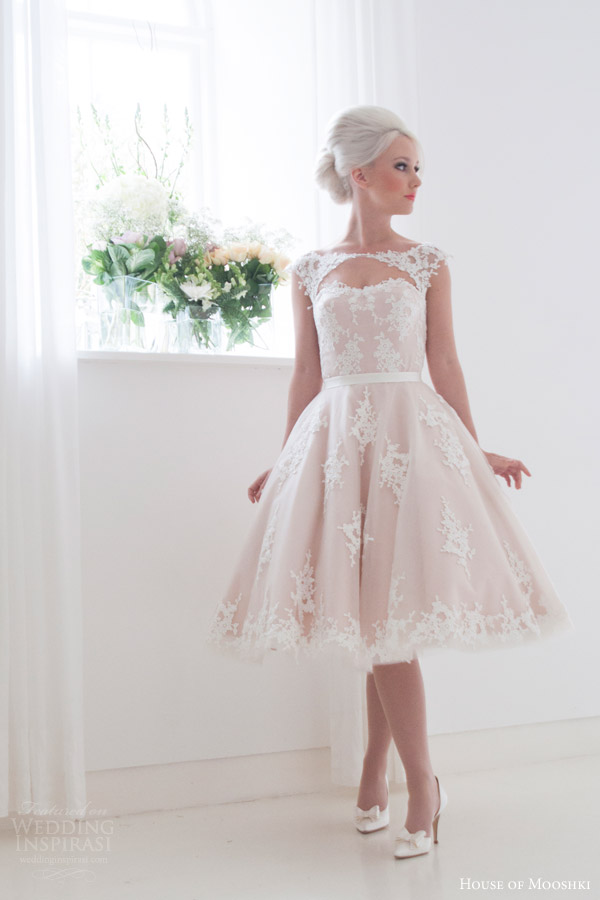 house of mooshki bridal 2016 leonora blush cap sleeve tea length wedding dress guipure lace tulle keyhole front