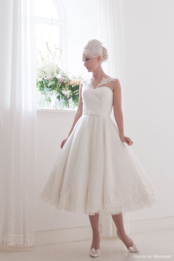 house of mooshki bridal 2016 nora sleeveless calf tea length 1950s wedding dress illusion neckline lace hem detail house of mooshki bridal 2016 nora sleeveless calf tea length 1950s wedding dress illusion neckline lace hem detail