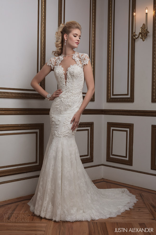 justin alexander 2016 bridal 8796 cap sleeve sheath wedding dress illusion heart shaped back front view