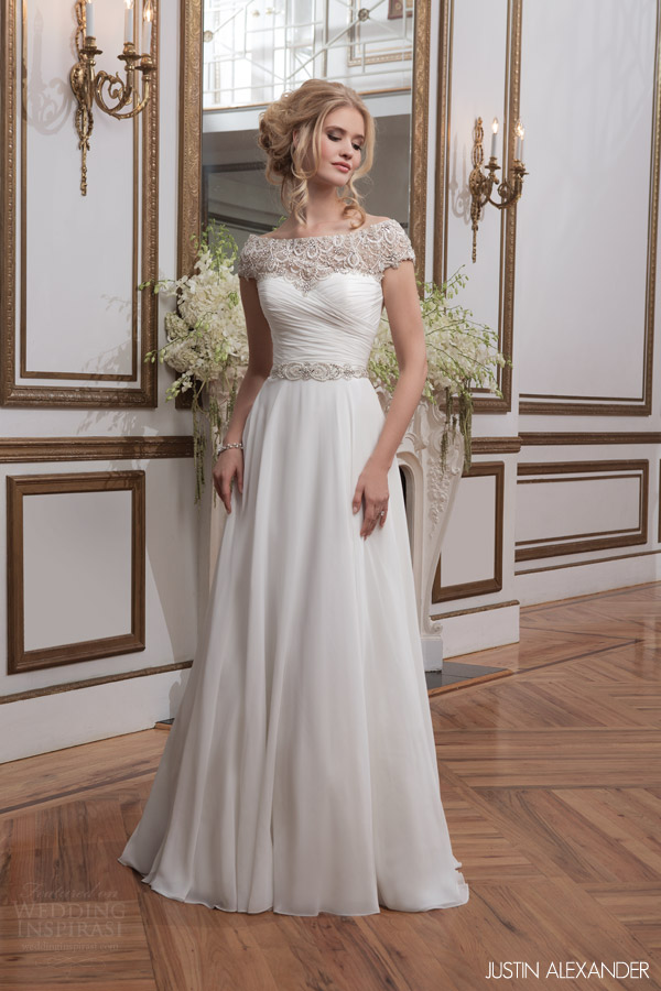 justin alexander 2016 bridal 8799 embellished cap sleeve a line wedding dress ruched bodice beaded waist