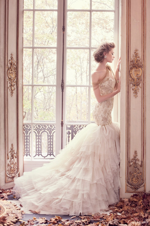 lazaro spring 2015 style 3509 champagne strapless fit flare wedding dress embroidered bodice full view skirt