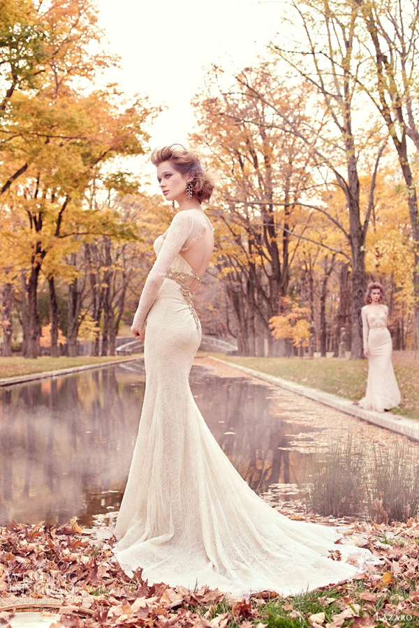 lazaro spring 2015 style 3512 wedding dress chantilly lace trumpet gown long sleeves corseted lace golden jewel sweetheart keyhole chapel train back view