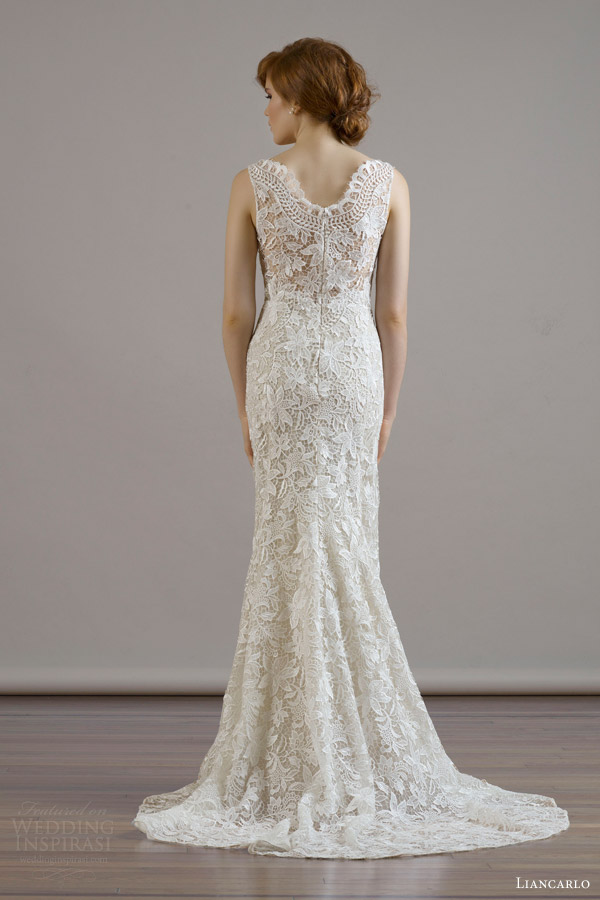 liancarlo bridal fall 2015 wedding dress style 6805 sleeveless guipure lace bateau neckline sheath gown back view train