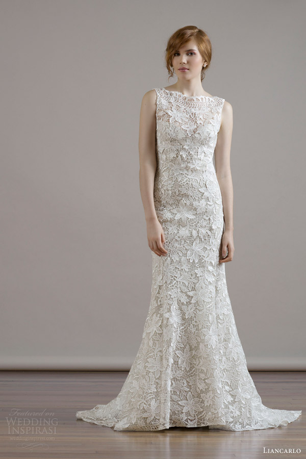 liancarlo bridal fall 2015 wedding dress style 6805 sleeveless guipure lace bateau neckline sheath gown