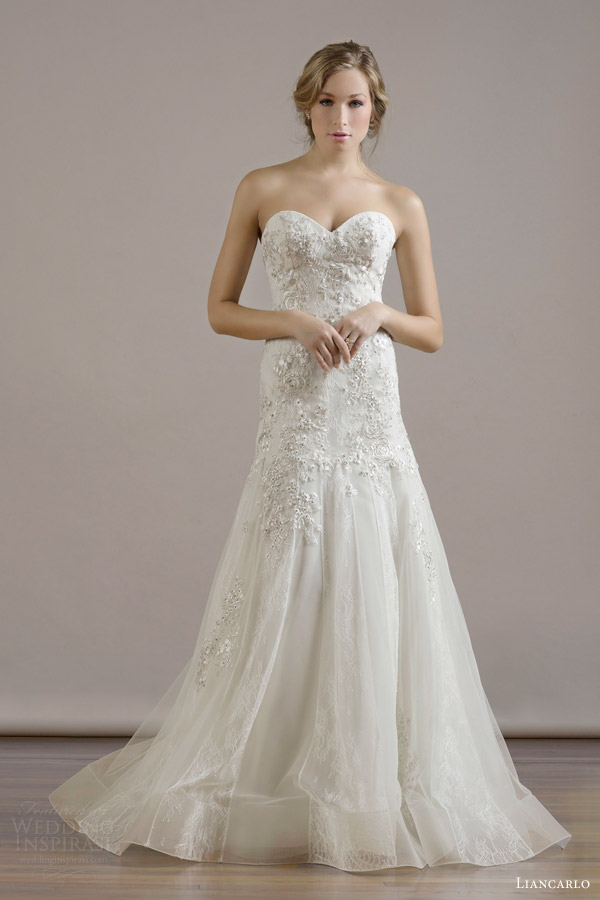 liancarlo bridal fall 2015 wedding dress style 6814 italian bouquet embroidery chantilly strapless trumpet gown with lace tulle skirt panels