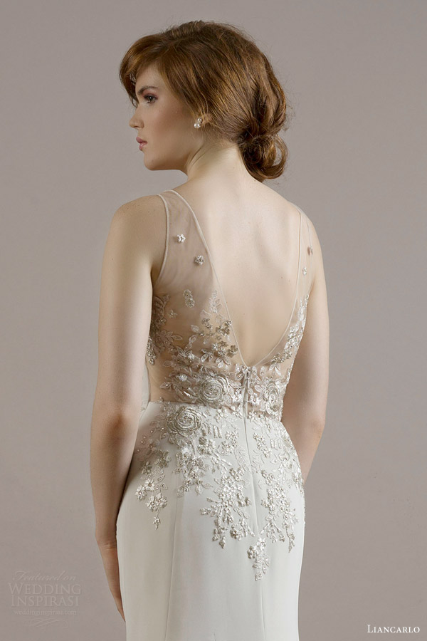 liancarlo bridal fall 2015 wedding dress style 6816 silk crepe v neck sleeveless sheath gown bouquet embroidery bodice illusion back sand candlelight color back view close up