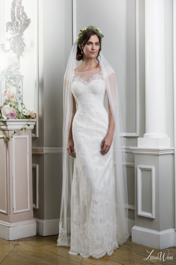 lillian west 2016 bridal preview style 6375 illusion neckline cap sleeves lace wedding dress