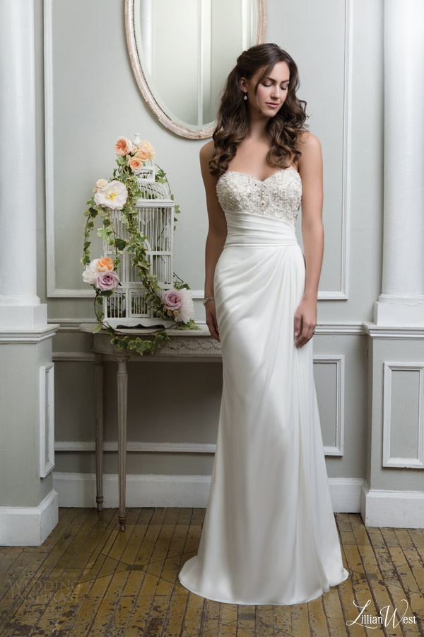 lillian west 2016 bridal preview style 6382 strapless wedding dress draped skirt beaded sweetheart bodice