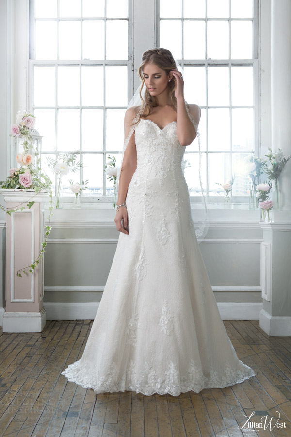 lillian west 2016 bridal preview style 6384 strapless a line wedding dress sweetheart neckline applique