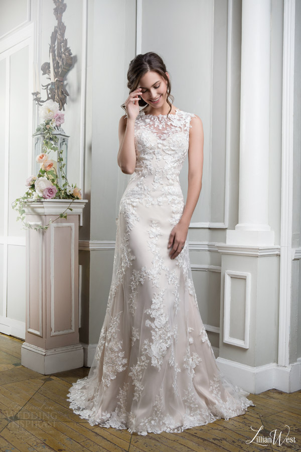 lillian west 2016 bridal preview style 6385 sleeveless sheath wedding dress lace overlay