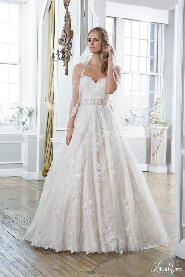 lillian west 2016 bridal preview style 6386 strapless ball gown wedding dress sweetheart neckline colored base lace