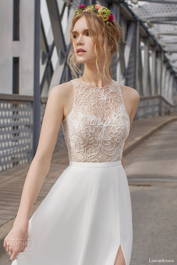 limor rosen 2015 olivia sleeveless wedding dress slit skirt illusion beaded bodice close up