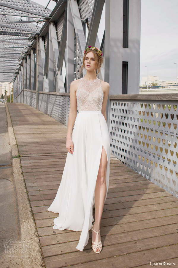 limor rosen 2015 olivia sleeveless wedding dress slit skirt illusion beaded bodice