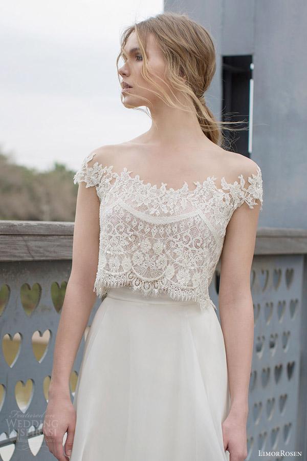 limor rosen bridal 2015 diana two piece wedding dress crop lace cap sleeve top a line skirt close up off shoulder bodice