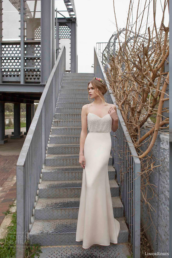 limor rosen bridal 2015 evelyn sleeveless blouson wedding dress sheath skirt thin straps