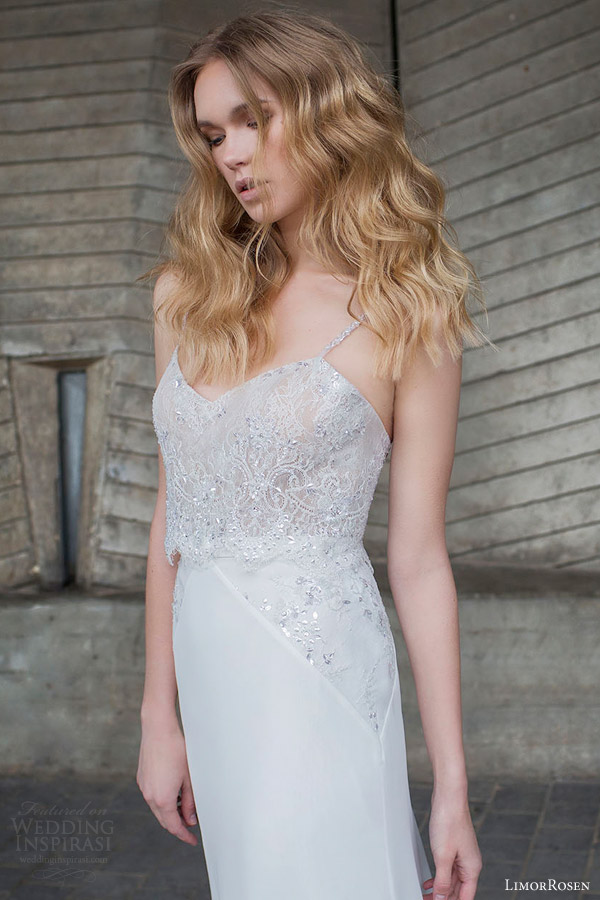 limor rosen bridal 2015 sophia sleeveless wedding dress straps embellished lace bodice close up