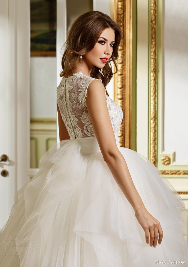 maya 2015 royal bridal collection sleeveless ball gown wedding dress lace bodice m48 back view close up