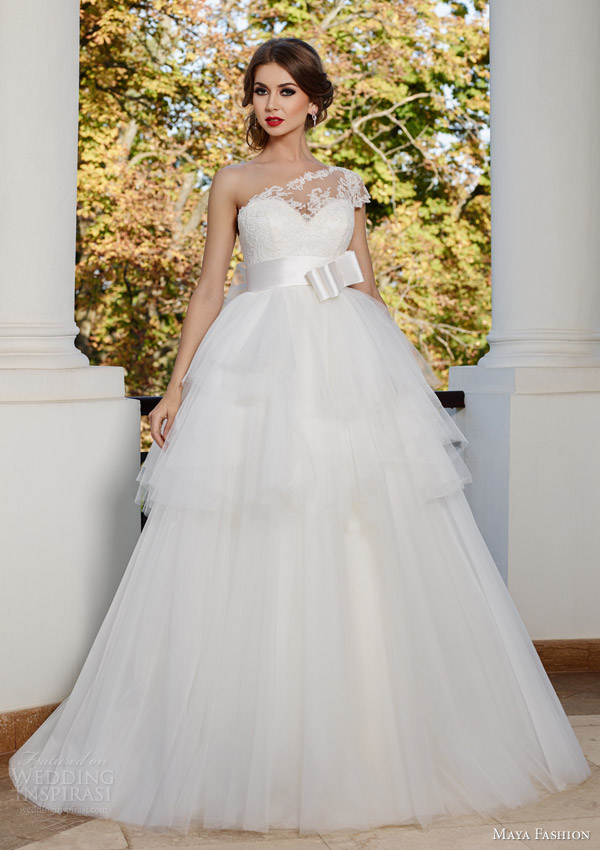 maya bridal 2015 royal wedding dress collection illusion one shoulder ball gown bow waist m39