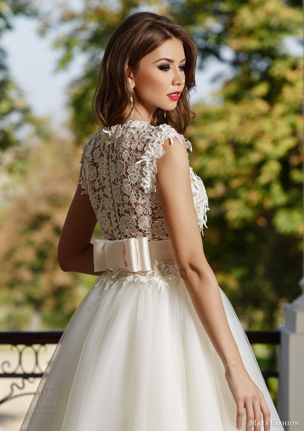 maya fashion 2015 royal bridal collection cap sleeve full aline wedding dress lace bodice m32 back view close up m32