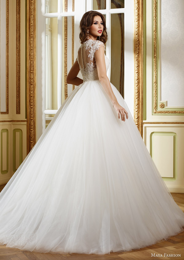 maya fashion 2015 royal bridal collection illusion cap sleeve ball gown m31 back view