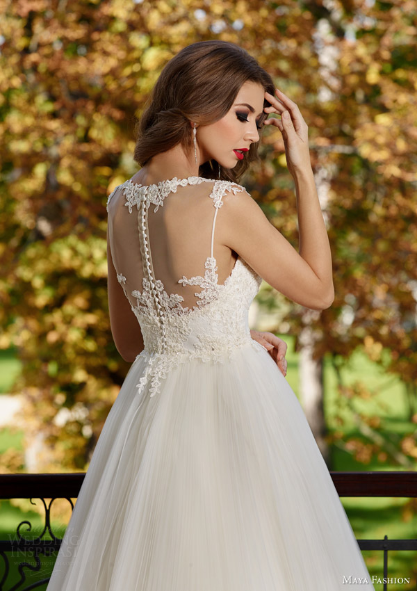 maya fashion 2015 royal bridal collection illusion cap sleeve wedding dress crin horsehair skirt m30 back view close up