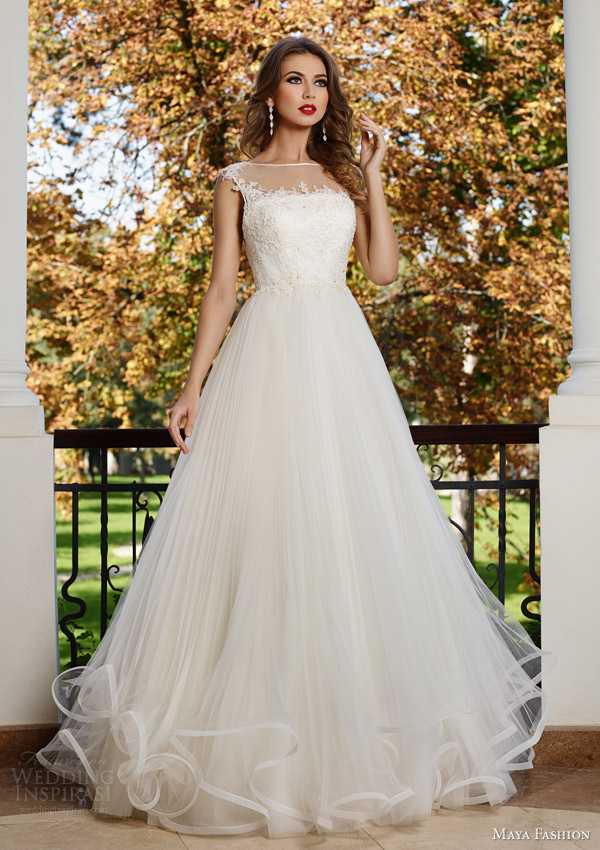 maya fashion 2015 royal bridal collection illusion cap sleeve wedding dress crin horsehair skirt m30