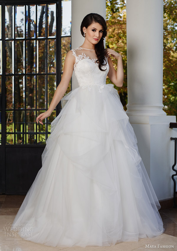 maya fashion 2015 royal bridal collection illusion neckline sleeveless wedding dress princess style m43