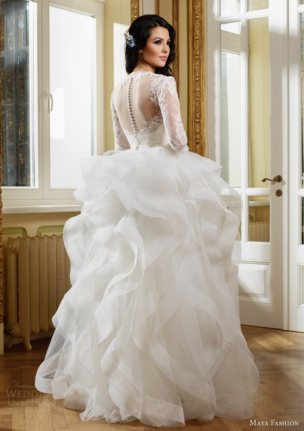 maya fashion 2015 royal bridal collection m27 illusion long sleeve wedding dress flange ruffle skirt illusion back view