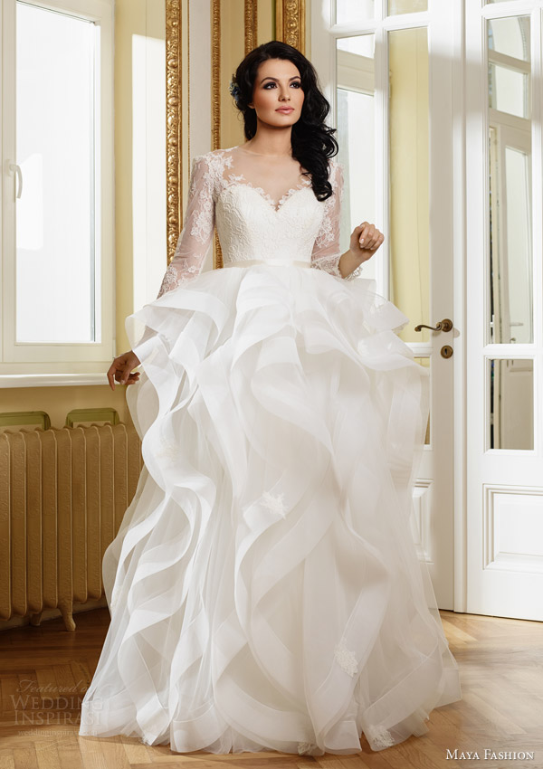 maya fashion 2015 royal bridal collection m27 illusion long sleeve wedding dress flange ruffle skirt