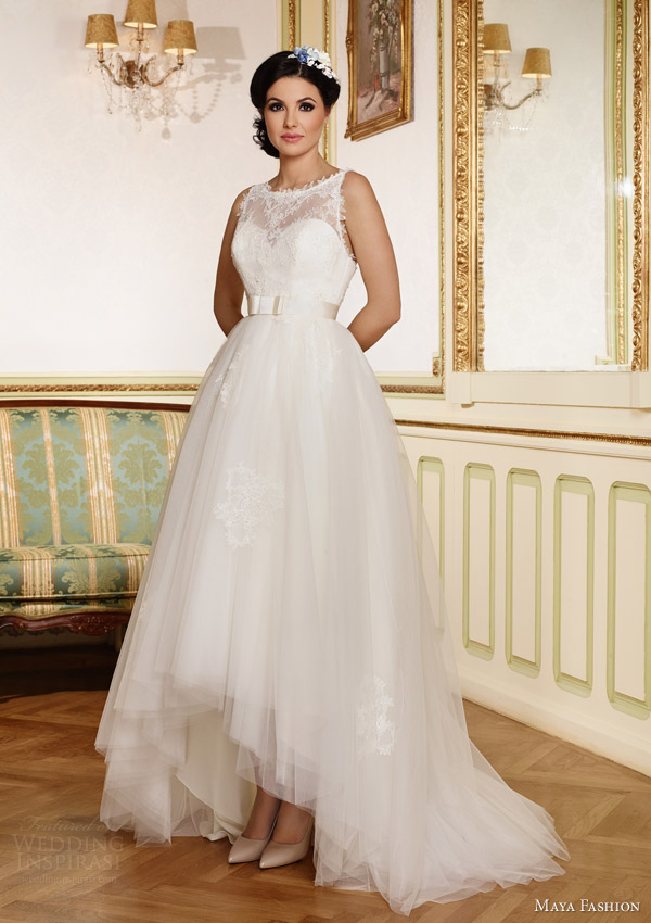 maya fashion bridal 2015 royal collection sleeveless bateau neck a line wedding dress high to low mullet skirt m35