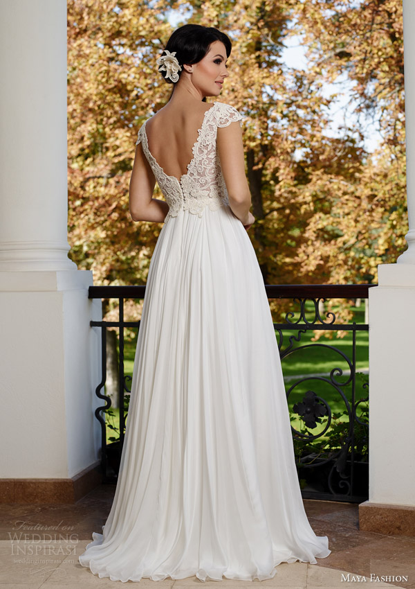 maya fashion wedding dresses 2015 cap sleeve gown slit lace bodice royal collection m44 back view