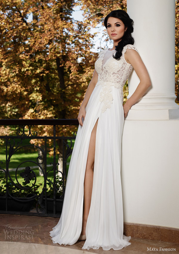 maya fashion wedding dresses 2015 cap sleeve gown slit lace bodice royal collection m44