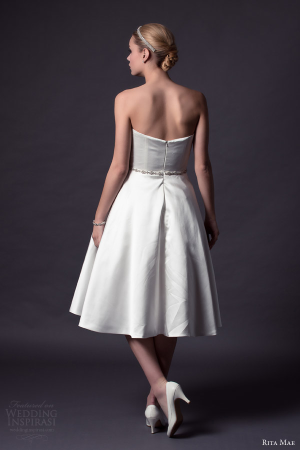 rita mae bridal by alan hannah 2015 strapless tea length wedding dress style 518 back view