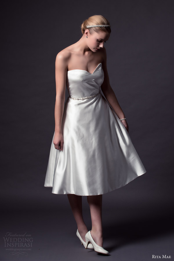 rita mae bridal by alan hannah 2015 strapless tea length wedding dress style 518 front view alt