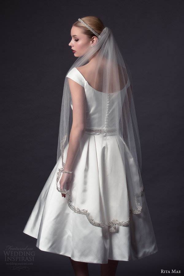 rita mae bridal by alan hannah 2015 tea length wedding dress off the shoulder straps style 515 back view veil