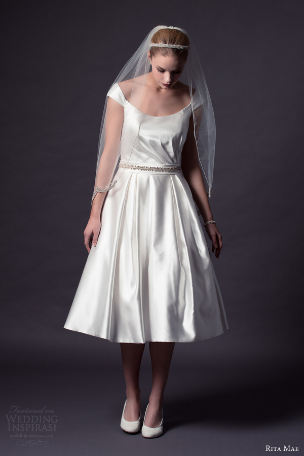 rita mae bridal by alan hannah 2015 tea length wedding dress off the shoulder straps style 515 with veil